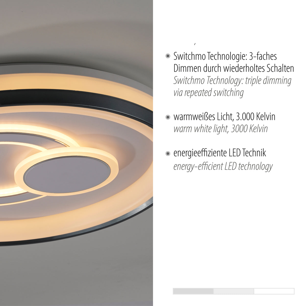 Détail de la finition lumineuse et texte sur la technologie Switchmo à trois intensités