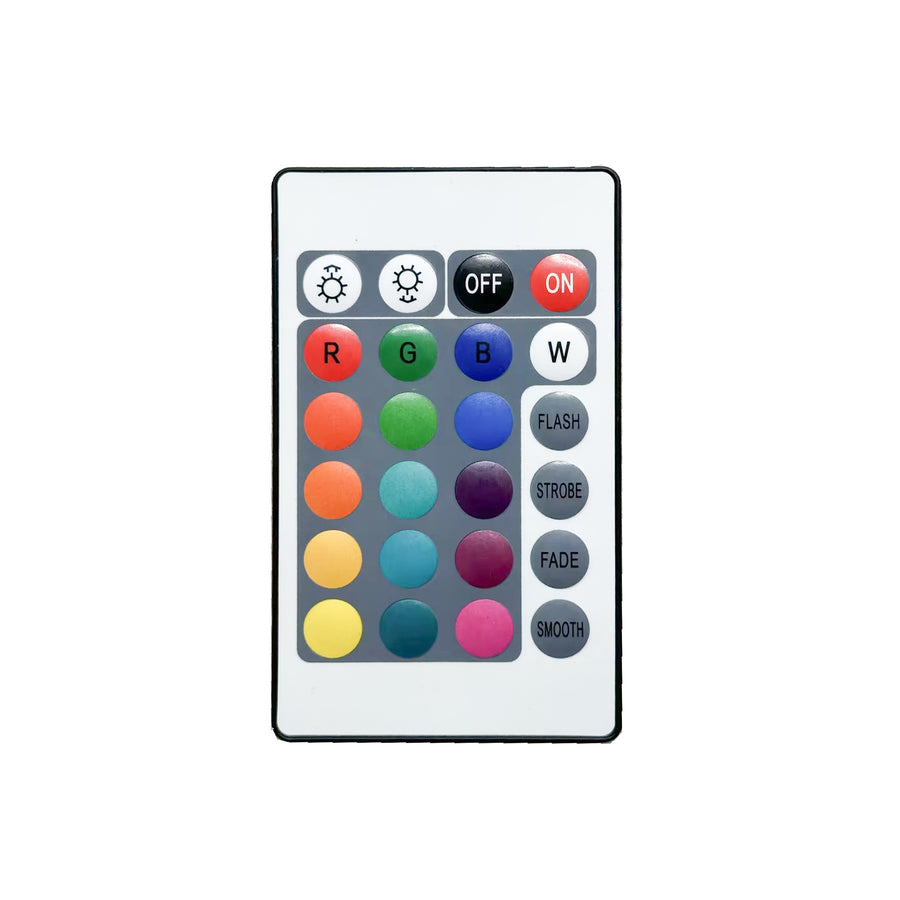 Télécommande blanche avec boutons colorés, réglages et modes d'éclairage