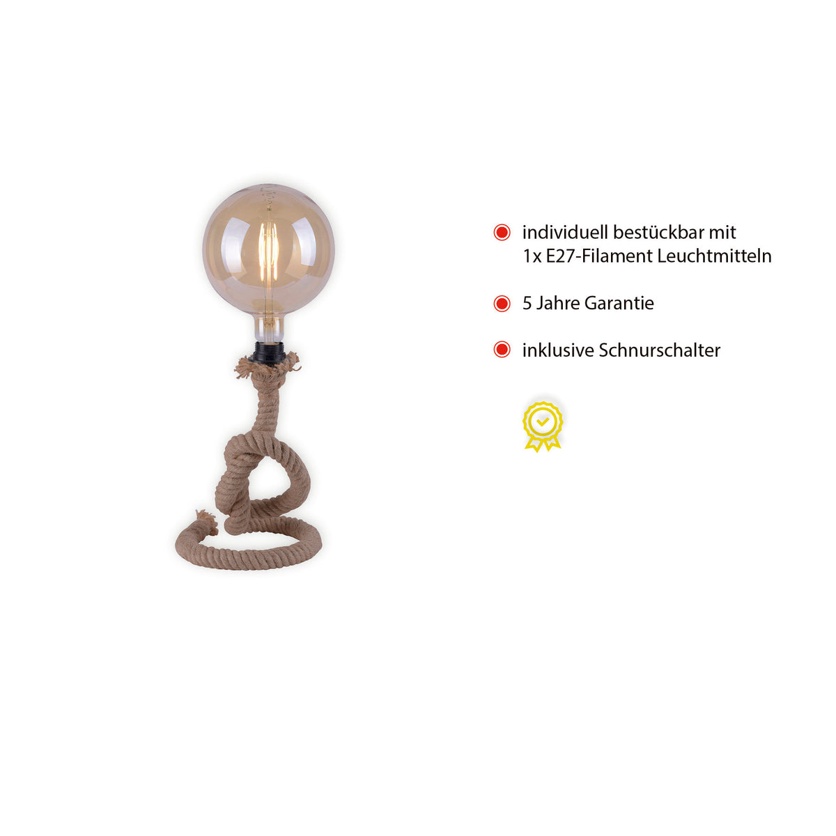 Visuel produit avec mentions allemandes : douille E27, garantie cinq ans, interrupteur sur cordon