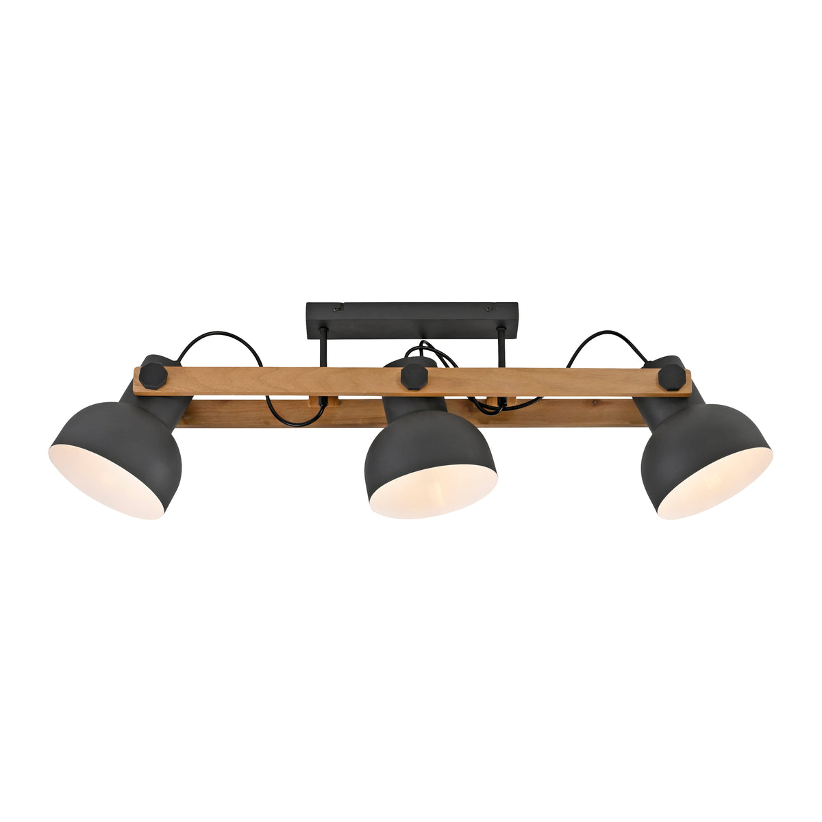 Vue de face sur fond blanc du luminaire, trois têtes noires et barre en bois clair.