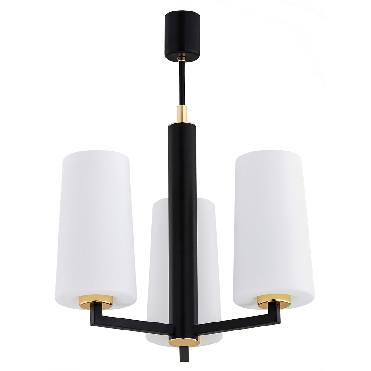 Vue de face du luminaire suspendu avec ses trois diffuseurs en verre opalin