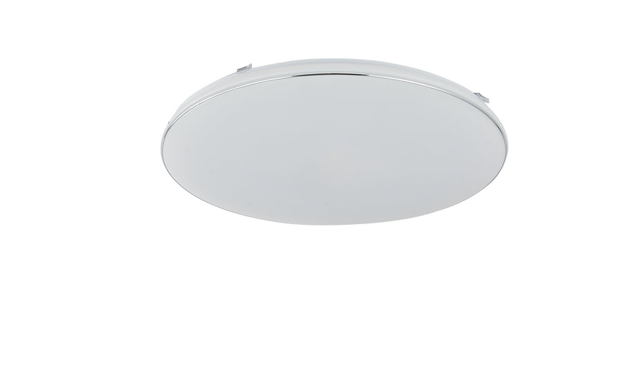 Plafonnier rond vu de face, cerclage chromé et diffuseur blanc opale.