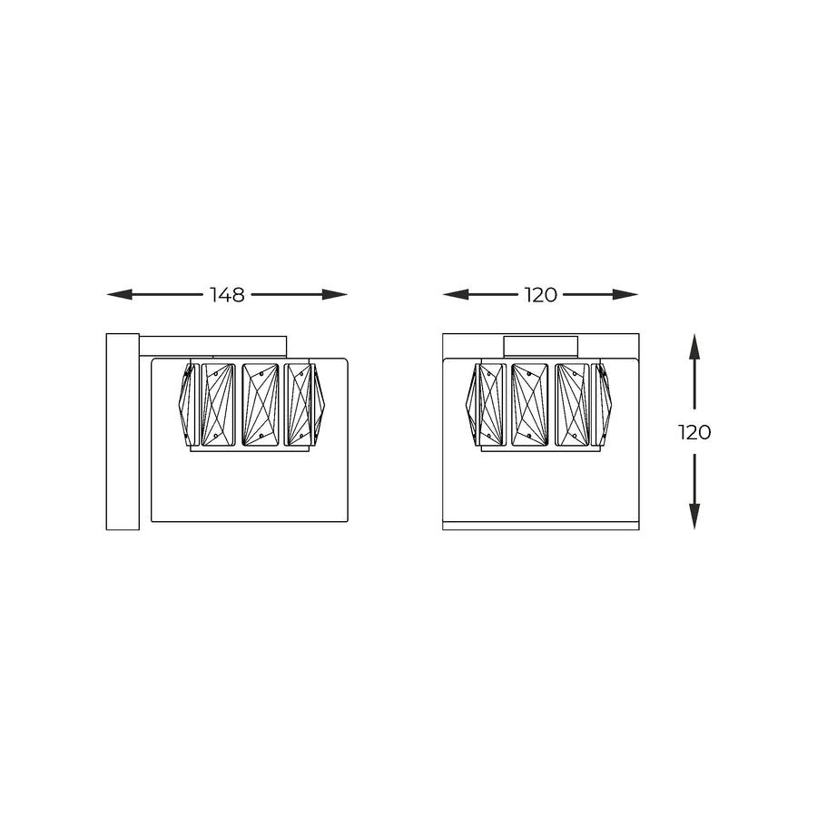 Dessin technique coté d'une applique murale avec largeur 148 mm et hauteur 120 mm.
