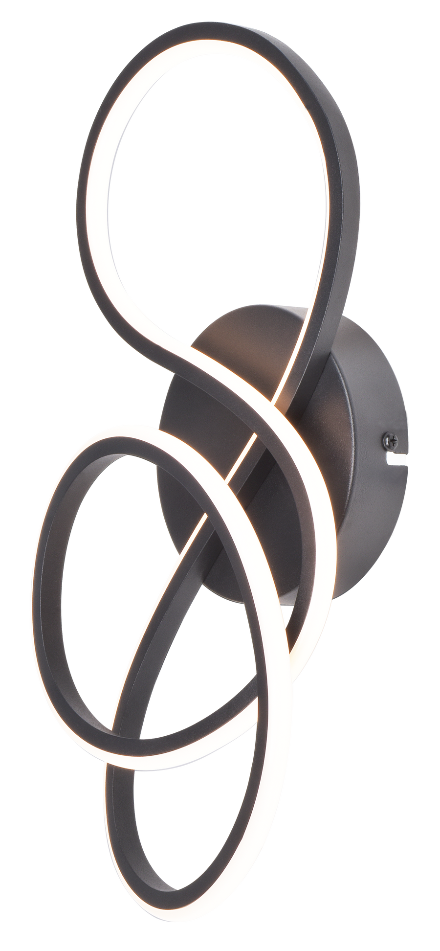 Applique murale noire en boucles ovales entrelacées, diffuseur LED blanc, fond blanc studio