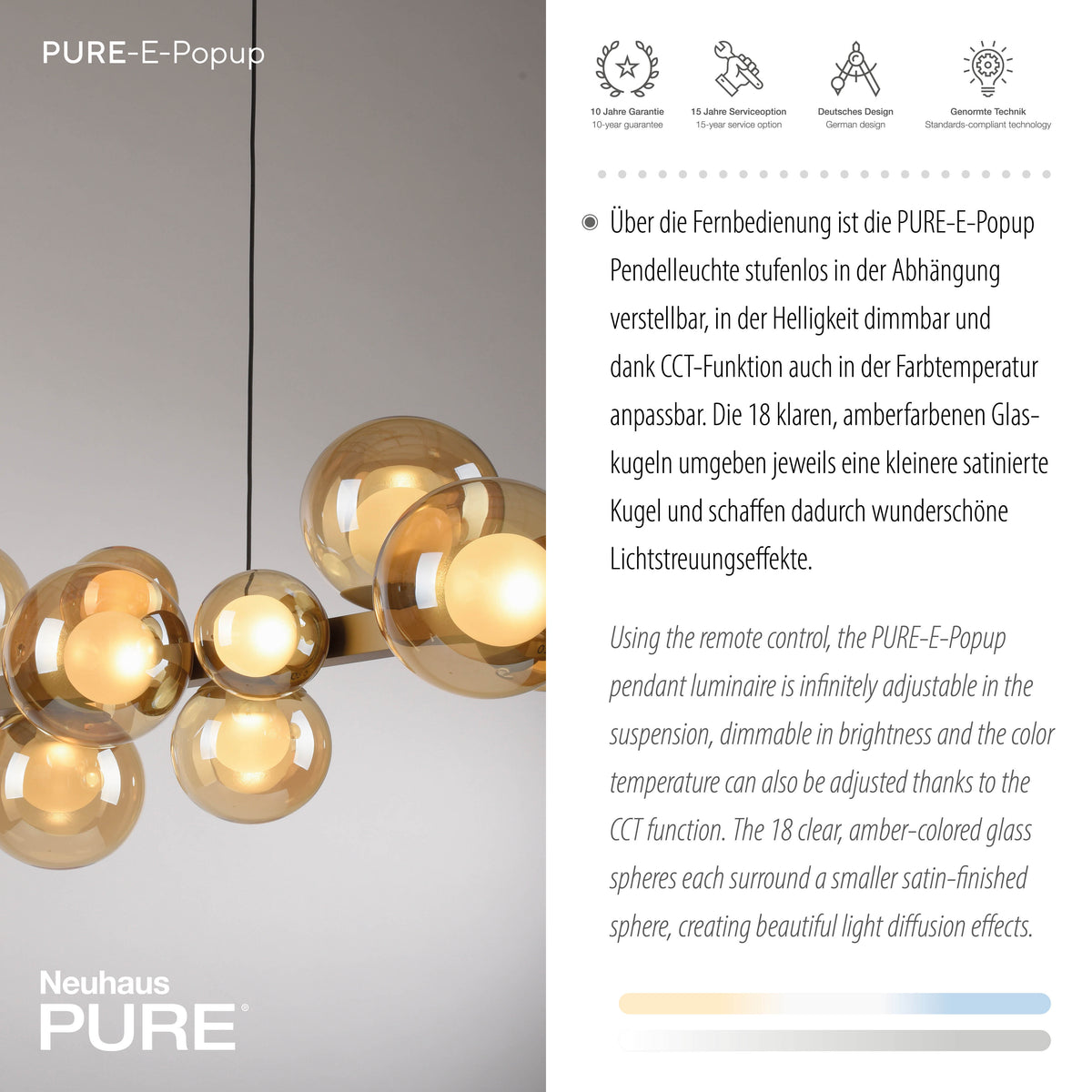 Gros plan sur les globes ambrés et leurs reflets, accompagné de textes techniques et garantie.