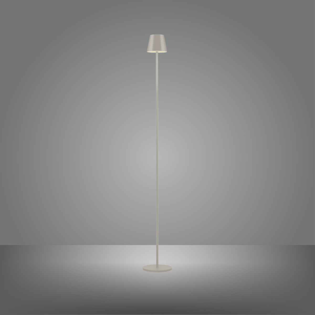 Vue de face sur fond gris dégradé, lampe allumée et ombre portée au sol.