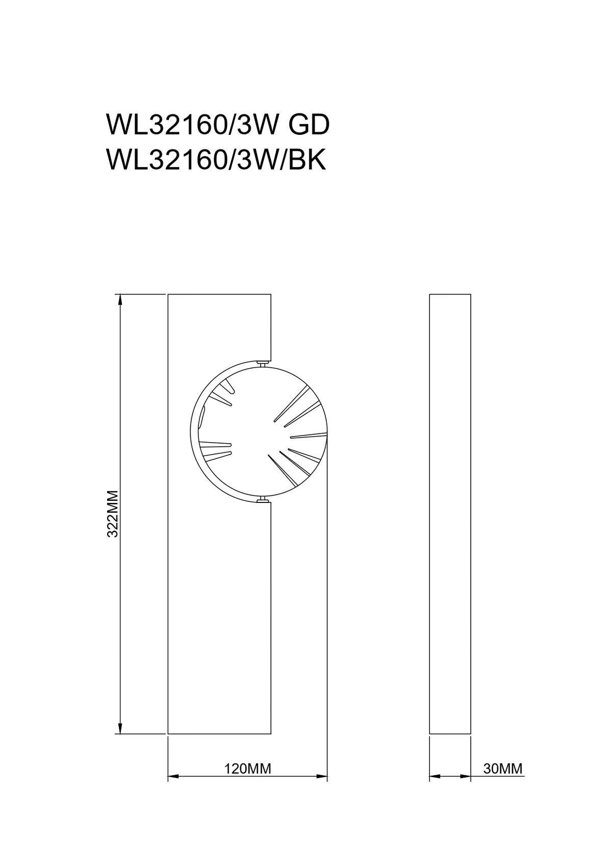 Schéma coté montrant hauteur 322 mm, largeur 120 mm et épaisseur 30 mm
