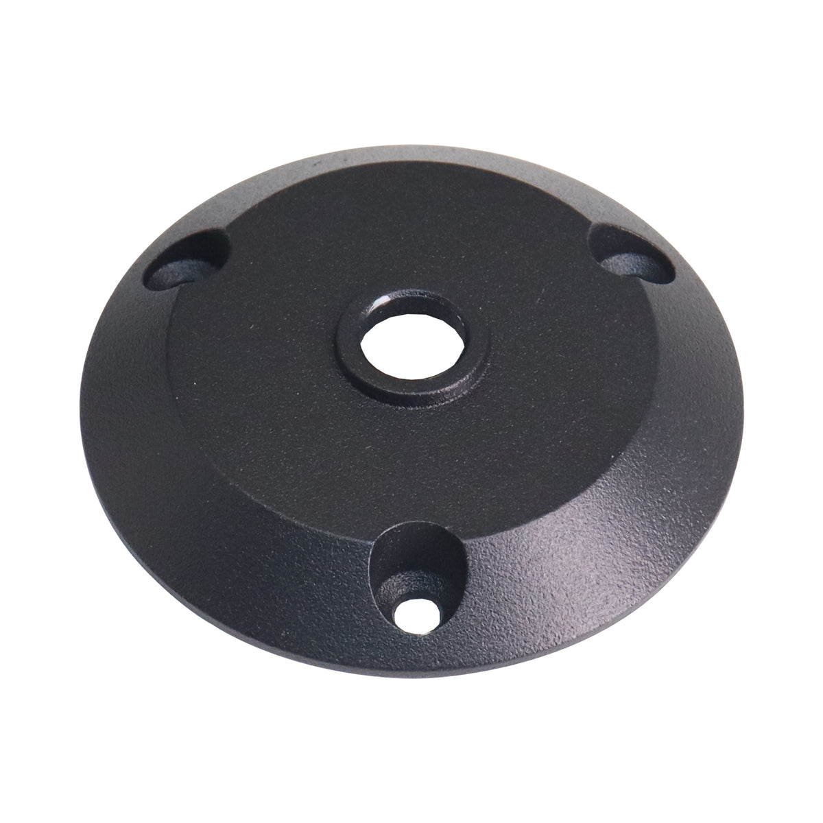 Détail de la platine de fixation noire ronde avec trois trous de vis.