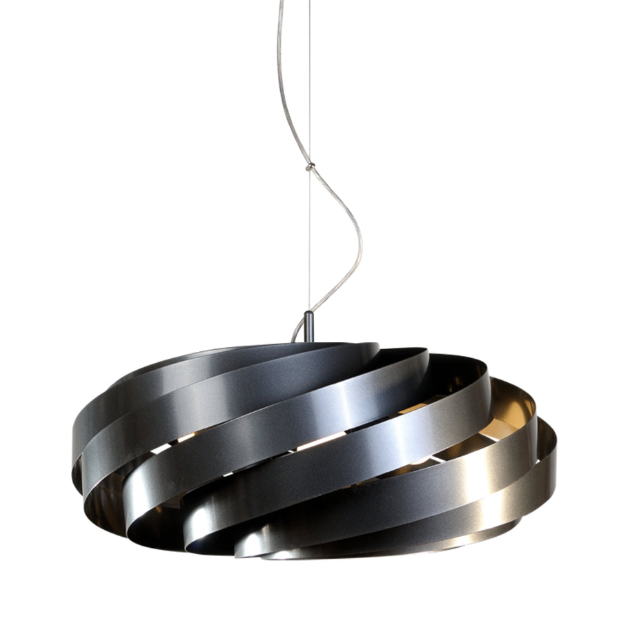 Gros plan sur les rubans spiralés anthracite et l'intérieur doré du luminaire