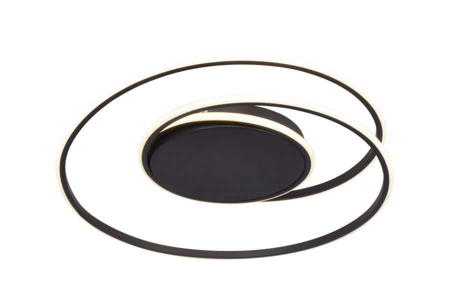 Plafonnier LED noir aux anneaux spirales lumineux, vu de face sur fond blanc
