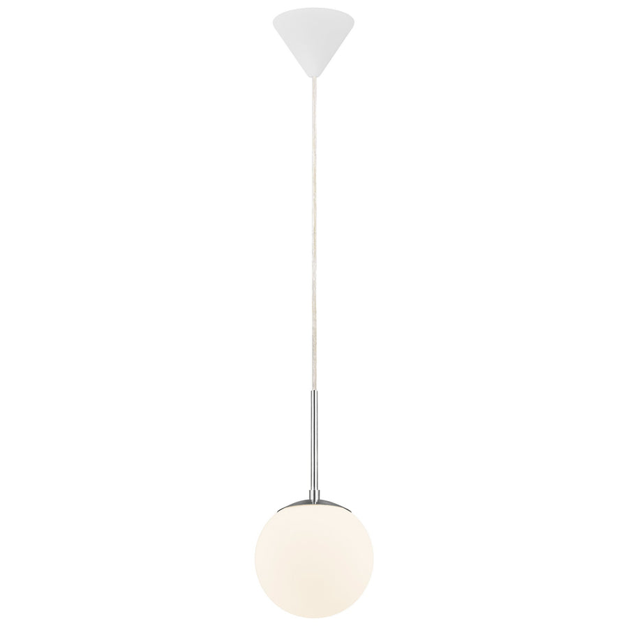 Vue d'ensemble du luminaire avec rosace conique blanche et câble textile tressé