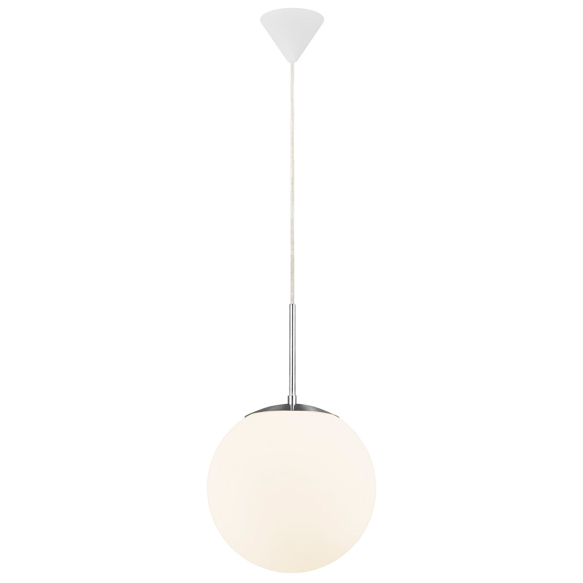 Vue d'ensemble du luminaire suspendu, câble tressé et rosace blanche au plafond