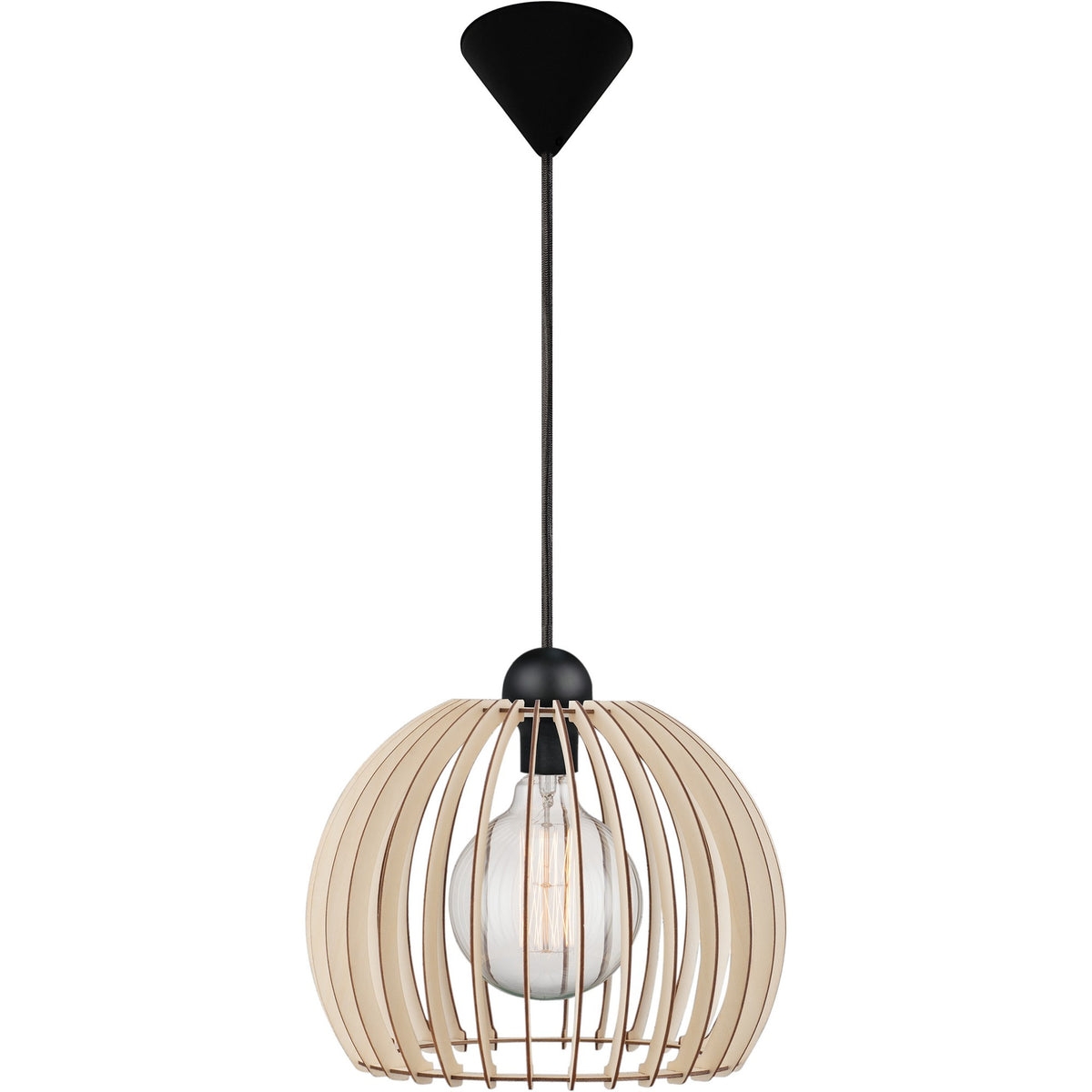 Vue d'ensemble de la suspension avec câble textile noir et fixation plafond, produit de face.