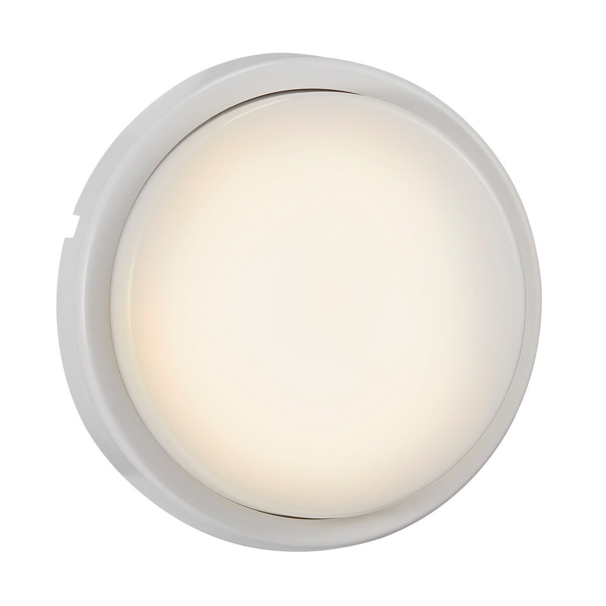 Face avant du hublot lumineux, verre opalin bombé sous collerette blanche satinée