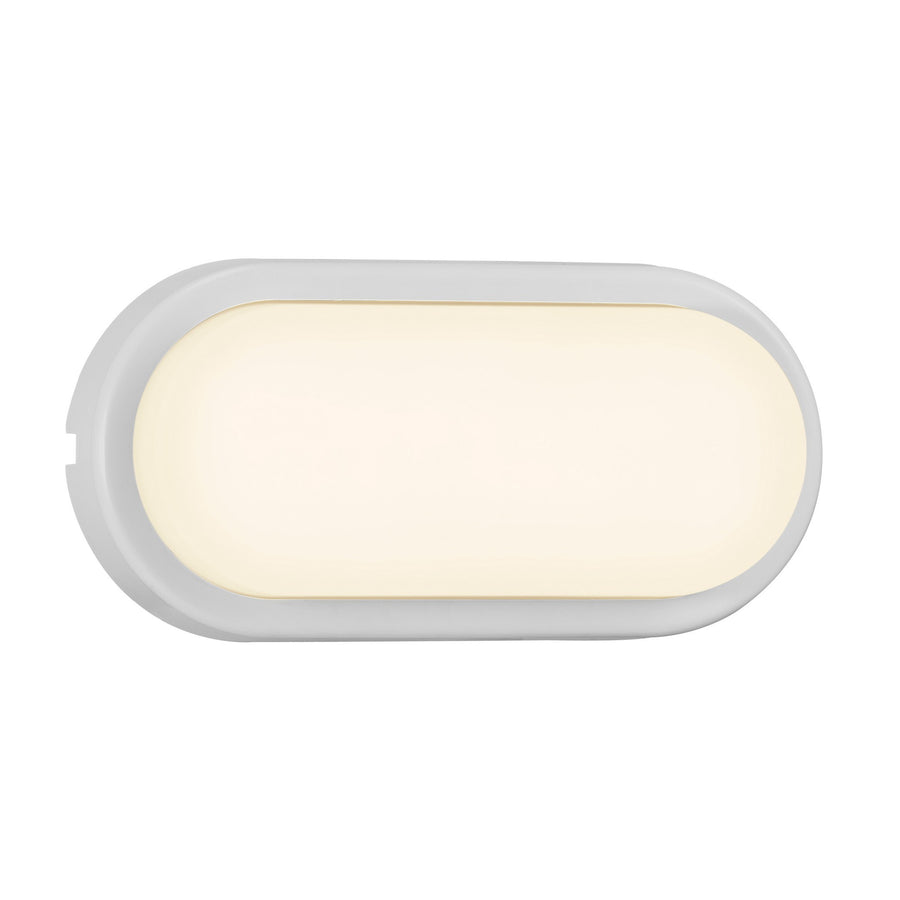 Luminaire mural ovale présenté de face, cadre blanc épais et verre opalin uniforme