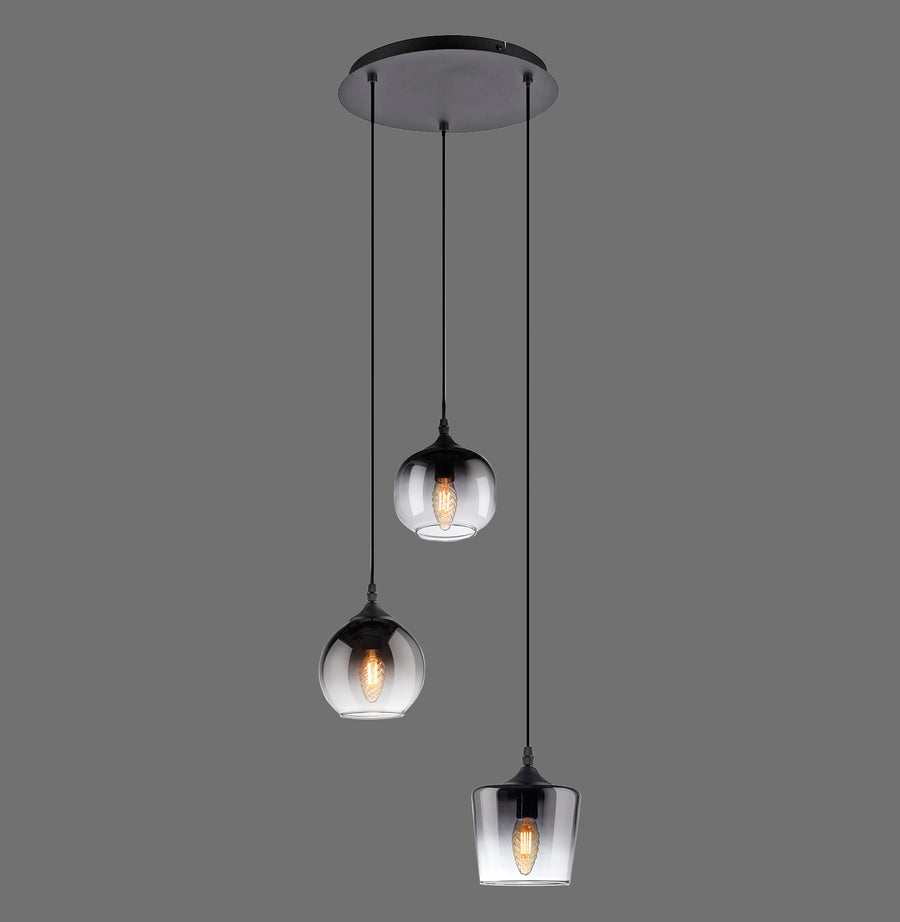 Suspension noire à trois lumières en verre fumé, deux globes et un cône