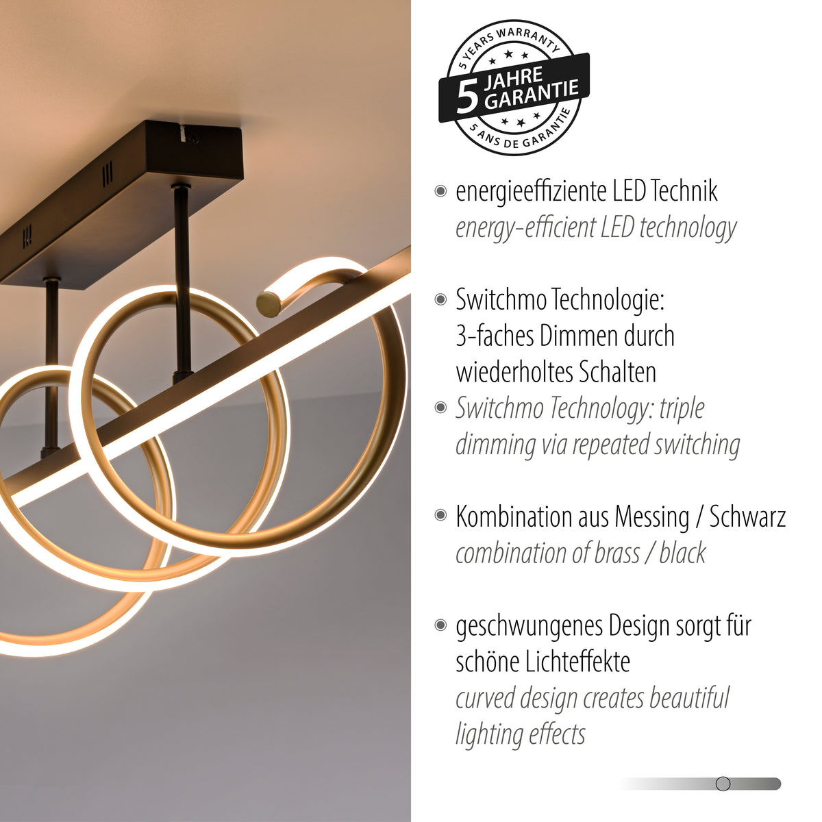 Détail du luminaire accompagné du badge de garantie cinq ans