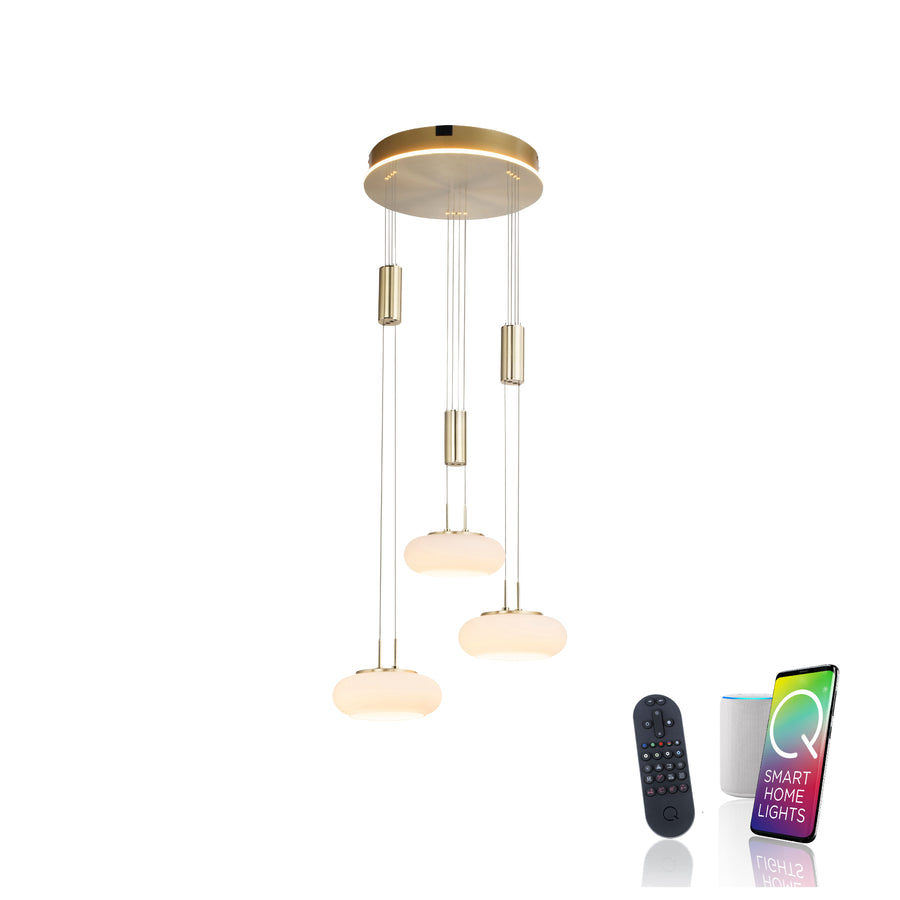 Vue de face sur fond blanc, luminaire suspendu avec télécommande et applications de maison connectée.