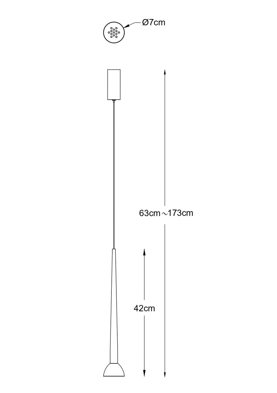 Schéma coté du luminaire avec hauteur réglable de 63 à 173 cm