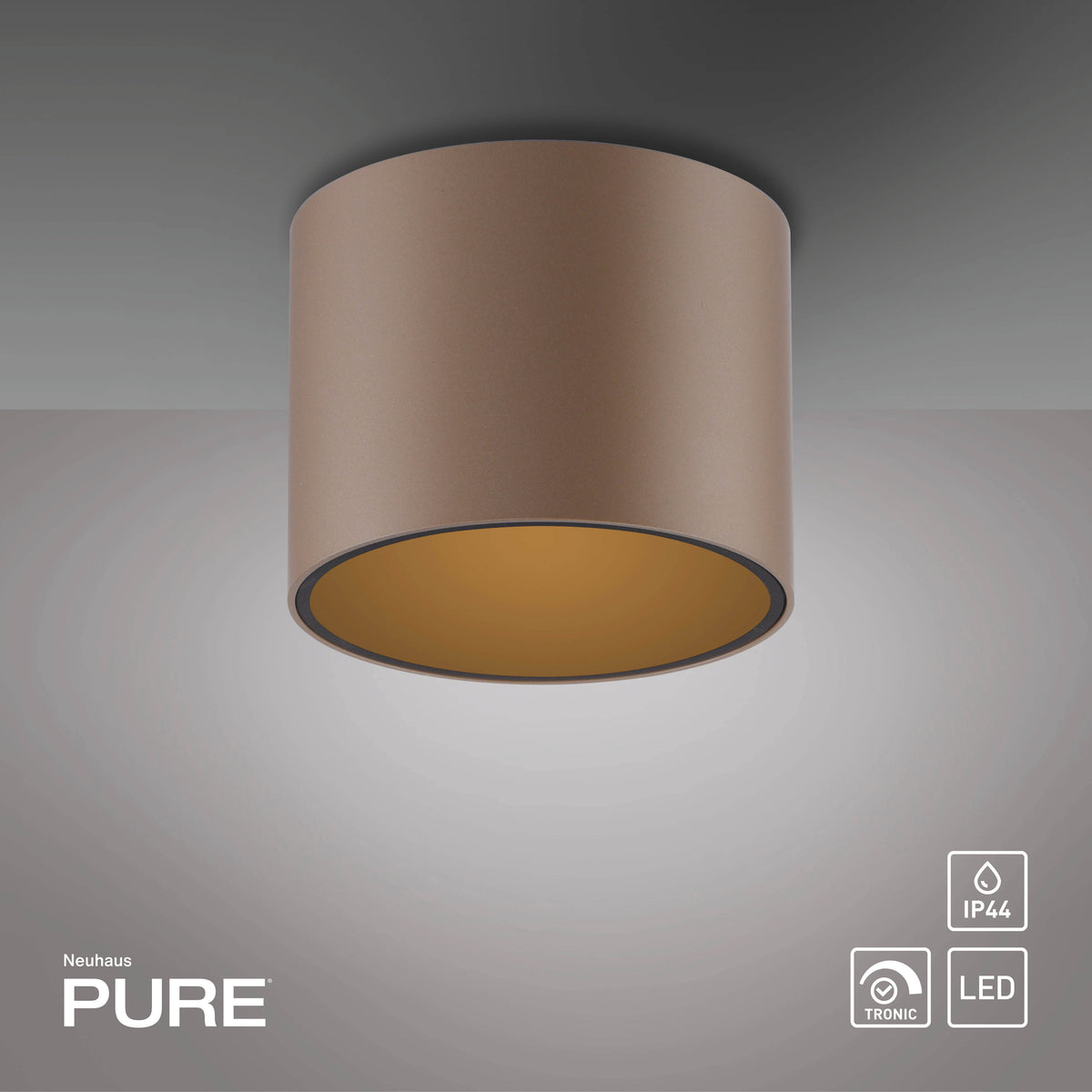 Plafonnier fixé au plafond en situation, halo lumineux et pictogrammes IP44 LED