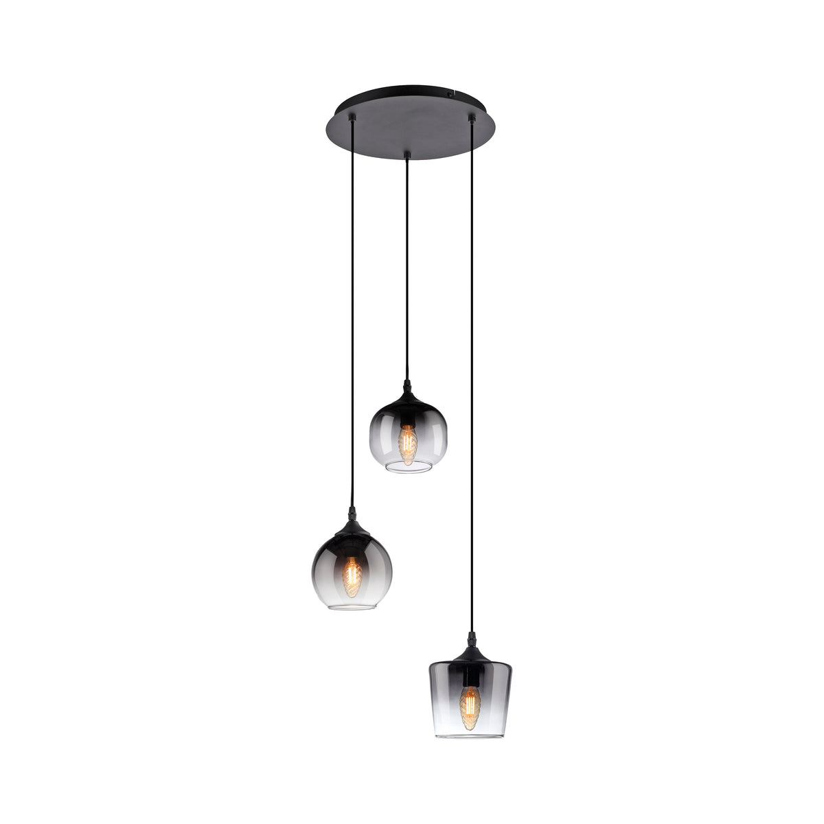 Vue de face du luminaire suspendu à trois abat-jours en verre transparent et noir