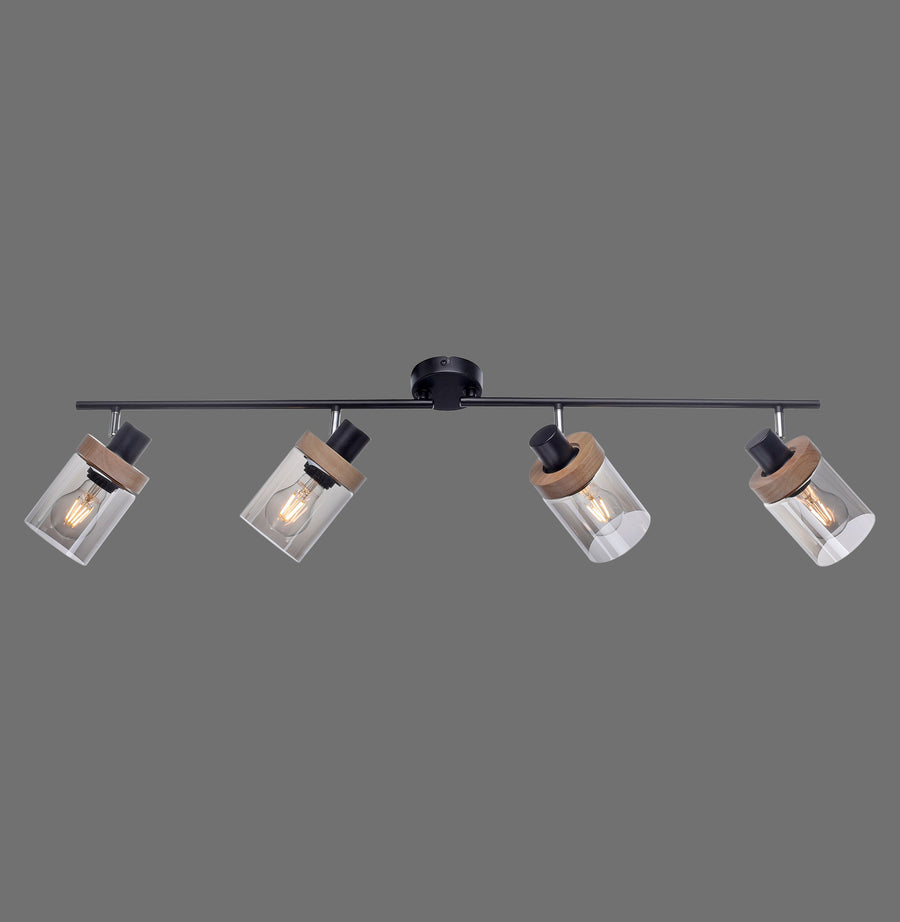 Vue de face sur fond gris du plafonnier quatre spots orientables en verre fumé et bois