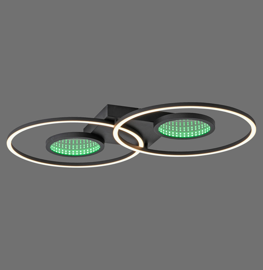 Vue de face du plafonnier noir à deux anneaux et modules LED verts allumés.