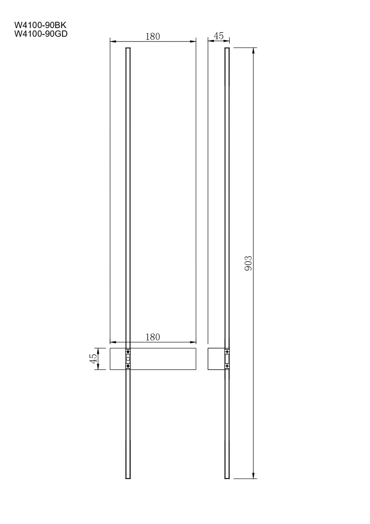 Schéma coté du luminaire : hauteur 903 mm, largeur 180 mm, profondeur 45 mm