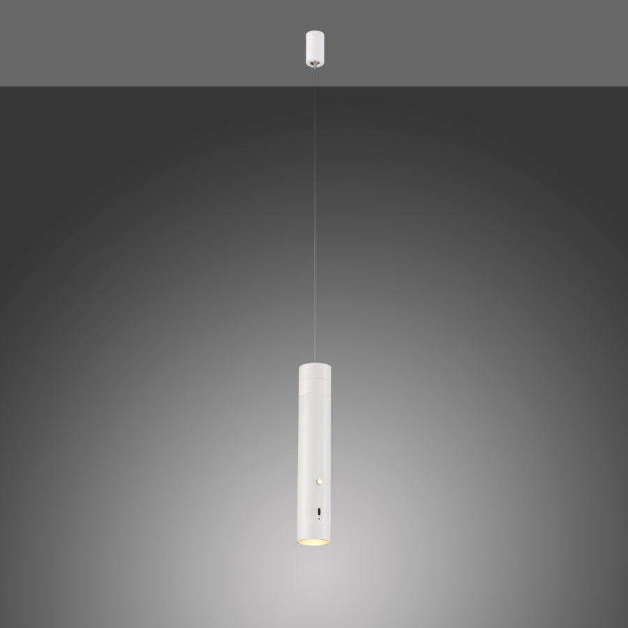Photo de face sur fond gris foncé montrant la suspension blanche allumée et son câble.