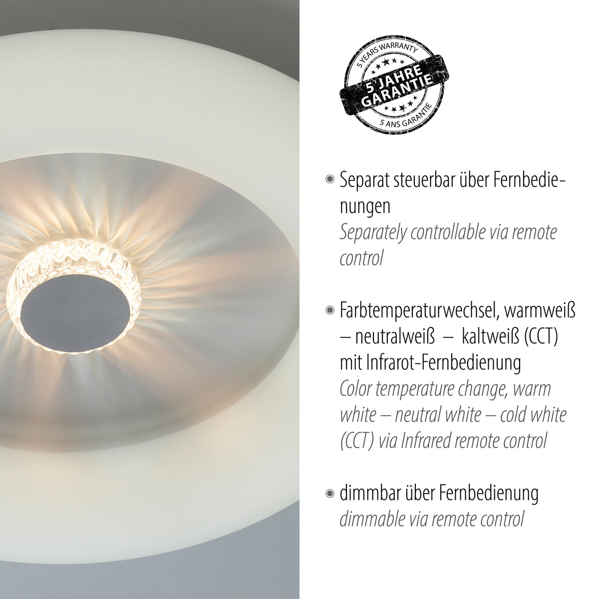 Détail du luminaire avec pastille garantie cinq ans et caractéristiques techniques.