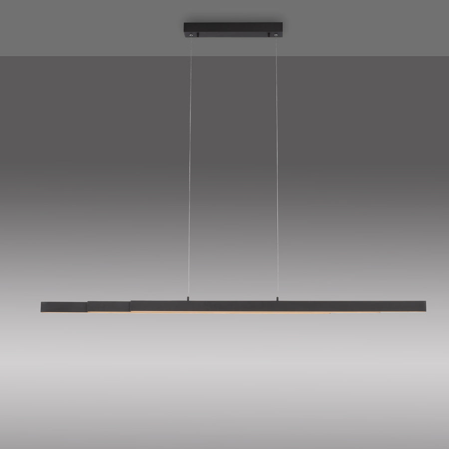 Suspension linéaire anthracite présentée de face, câbles fins et diffuseur LED visible.