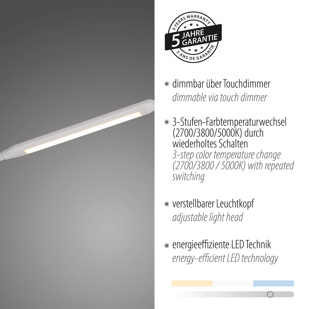 Gros plan tête lumineuse avec logo cinq ans de garantie et caractéristiques.