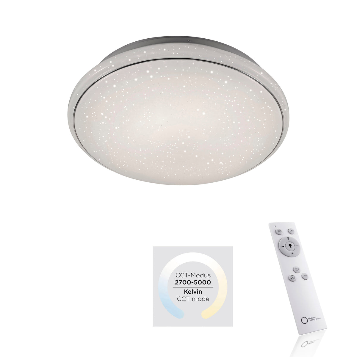 Luminaire présenté avec sa télécommande et le schéma de température variable