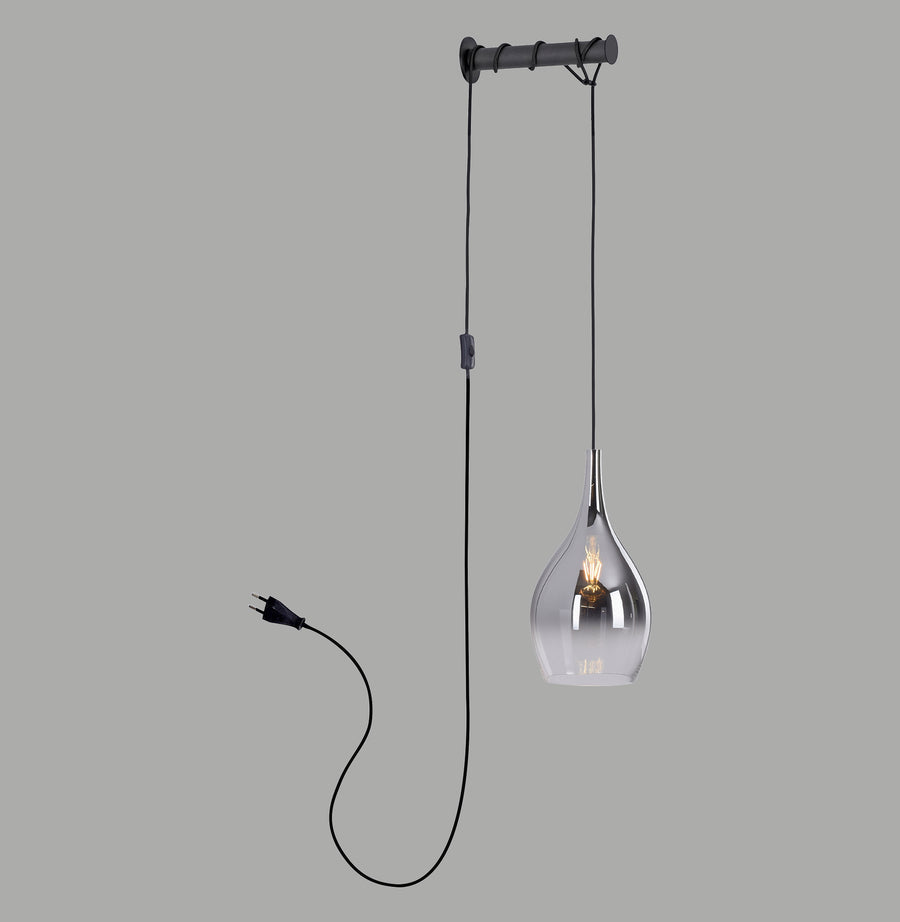 Applique murale noire avec longue corde, fiche et interrupteur, verre fumé en forme de goutte