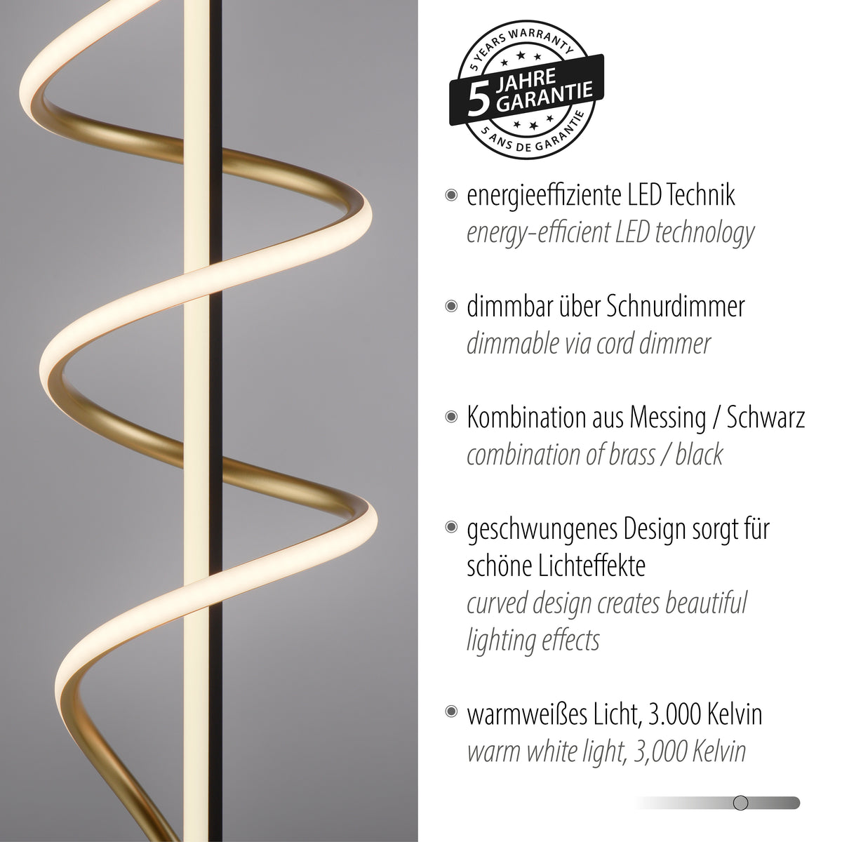 Détail de la spirale avec logo cinq ans de garantie et liste des caractéristiques