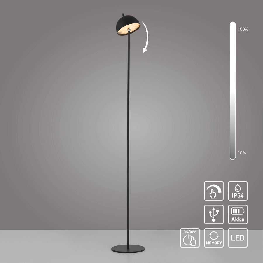 Lampadaire noir avec flèche de rotation, variateur 100-10%, icônes IP54, USB, batterie, LED et mémoire.