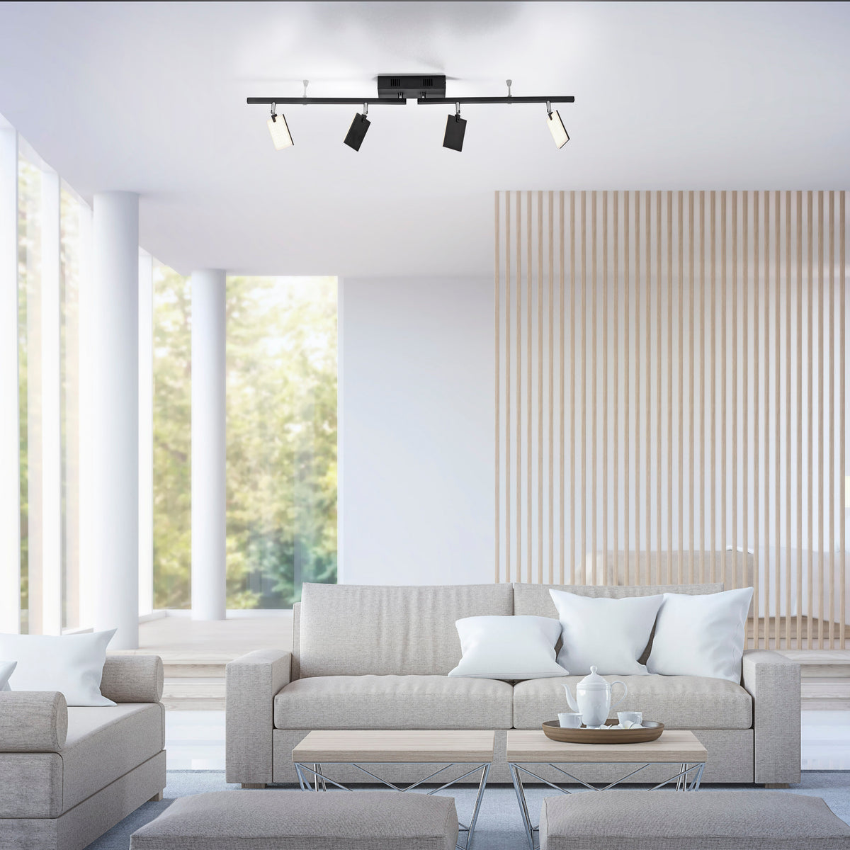 Mise en ambiance du plafonnier fixé au plafond d'un salon contemporain avec canapé beige.