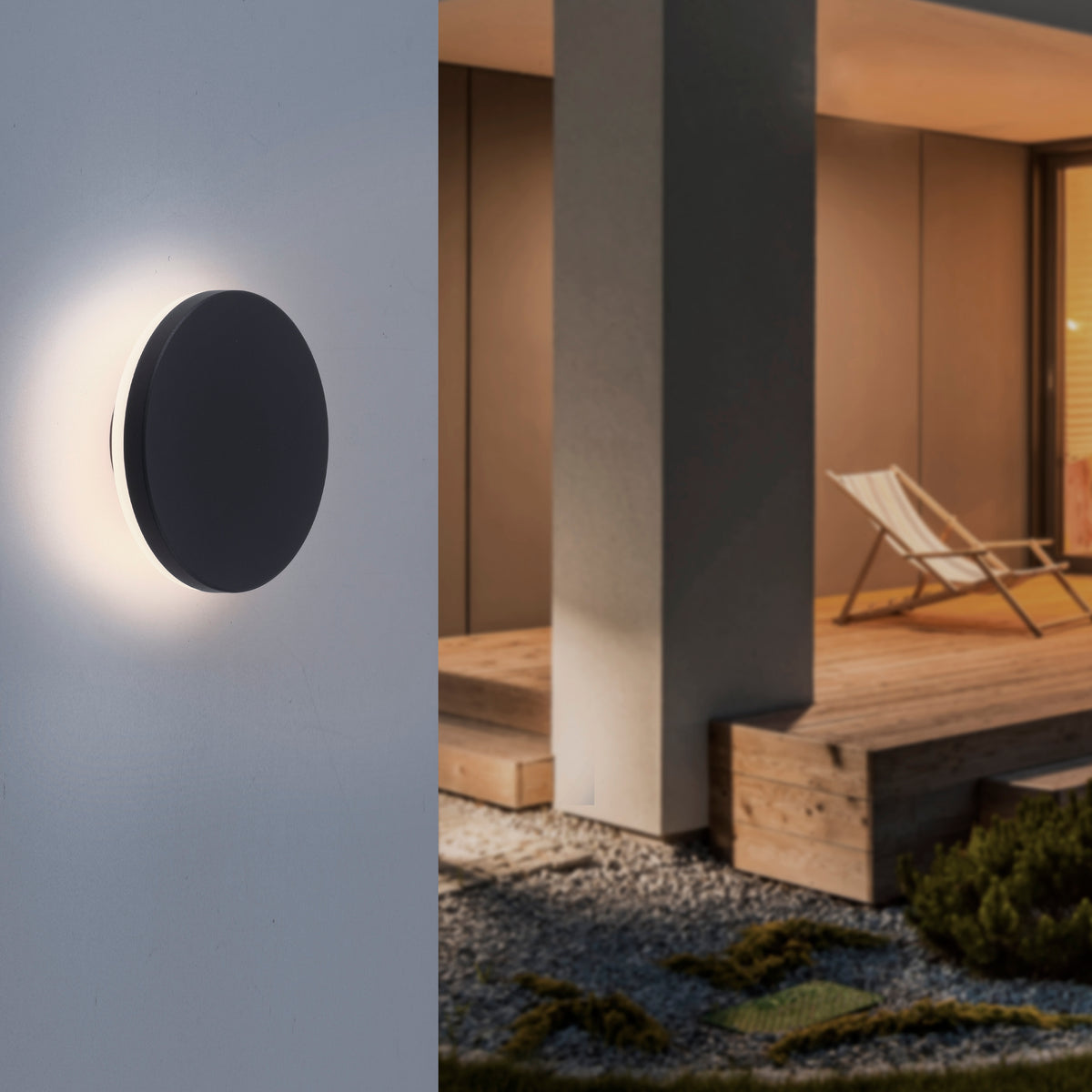Mise en ambiance extérieure, applique allumée sur mur blanc près d'une terrasse bois.