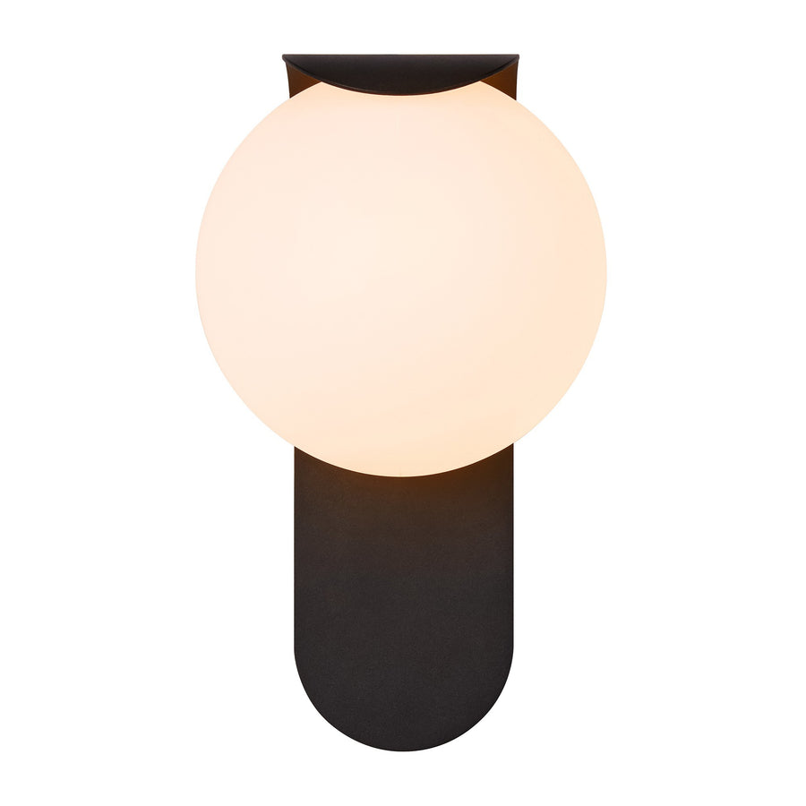 Vue de face du luminaire mural, globe rond lumineux sur support allongé noir
