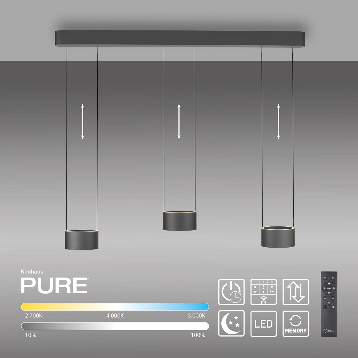 Vue technique de la suspension avec télécommande, température et intensité réglables
