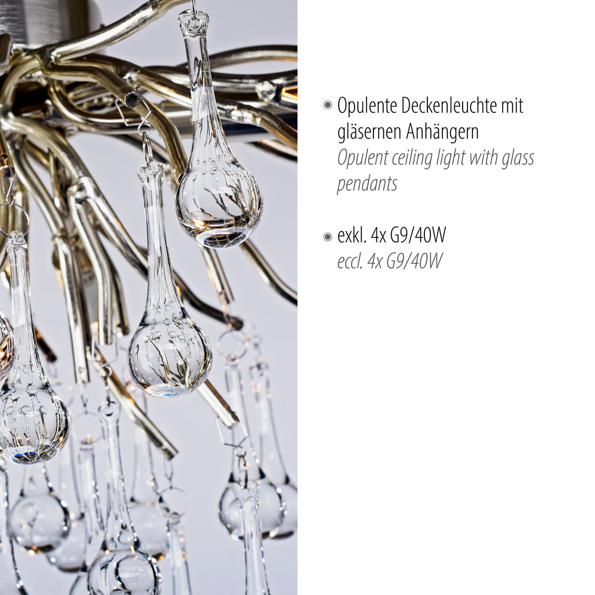 Détail des gouttes de verre et branches, avec texte technique sur ampoules G9.