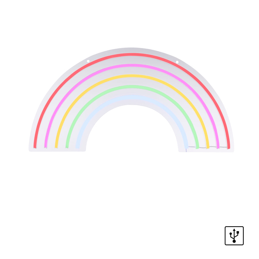 Vue de face sur fond blanc, applique arc-en-ciel éteinte et pictogramme USB.