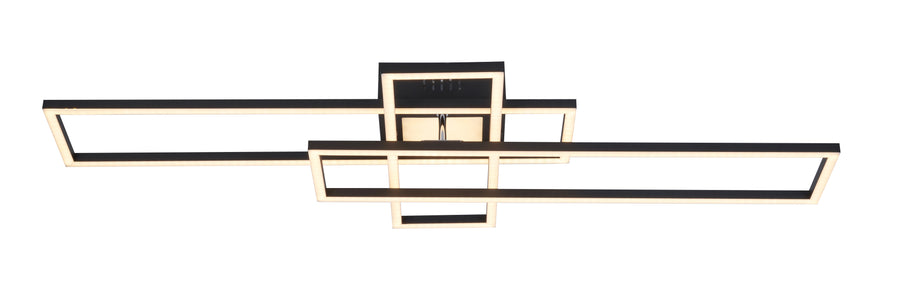 Plafonnier noir vu de face, rectangles lumineux superposés sur fond blanc