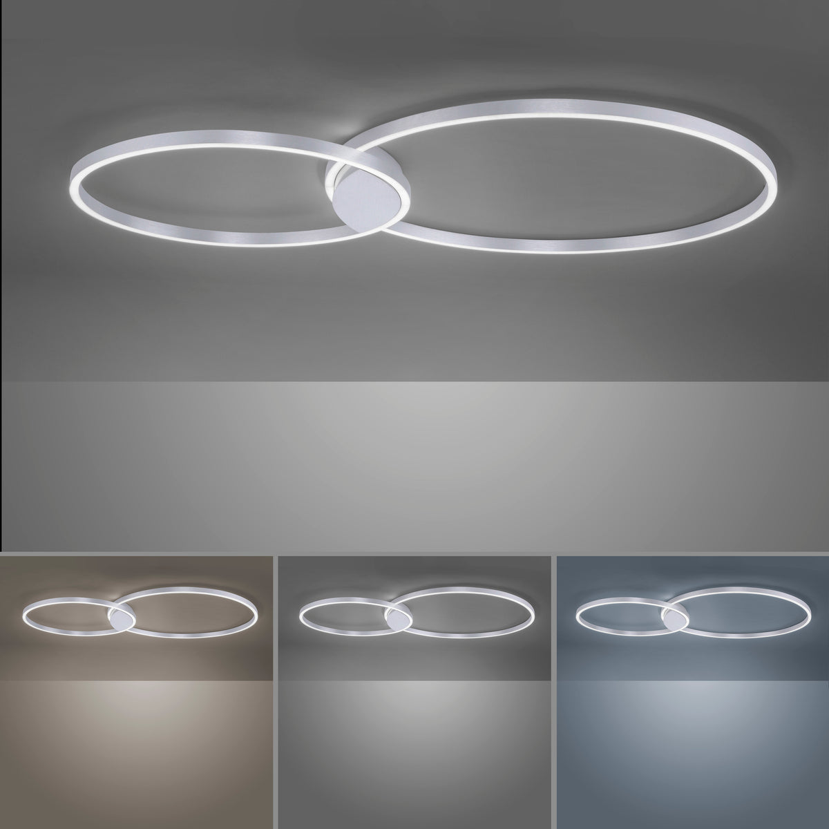 Plafonnier double anneau présenté en trois températures de couleur : blanc chaud, neutre et froid.