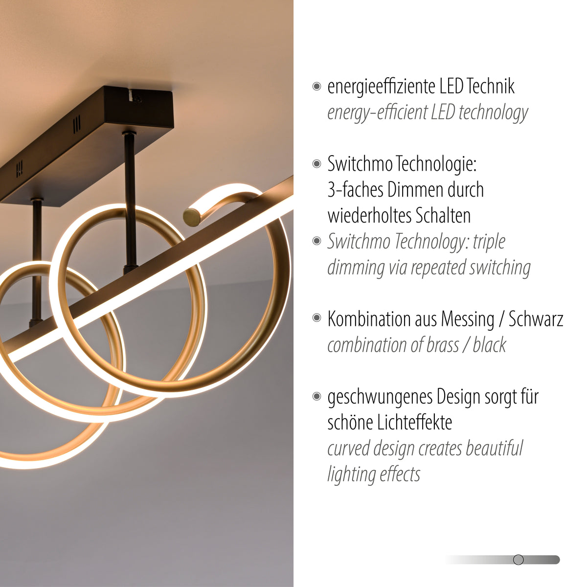 Gros plan sur la spirale dorée éclairée et les mentions techniques LED