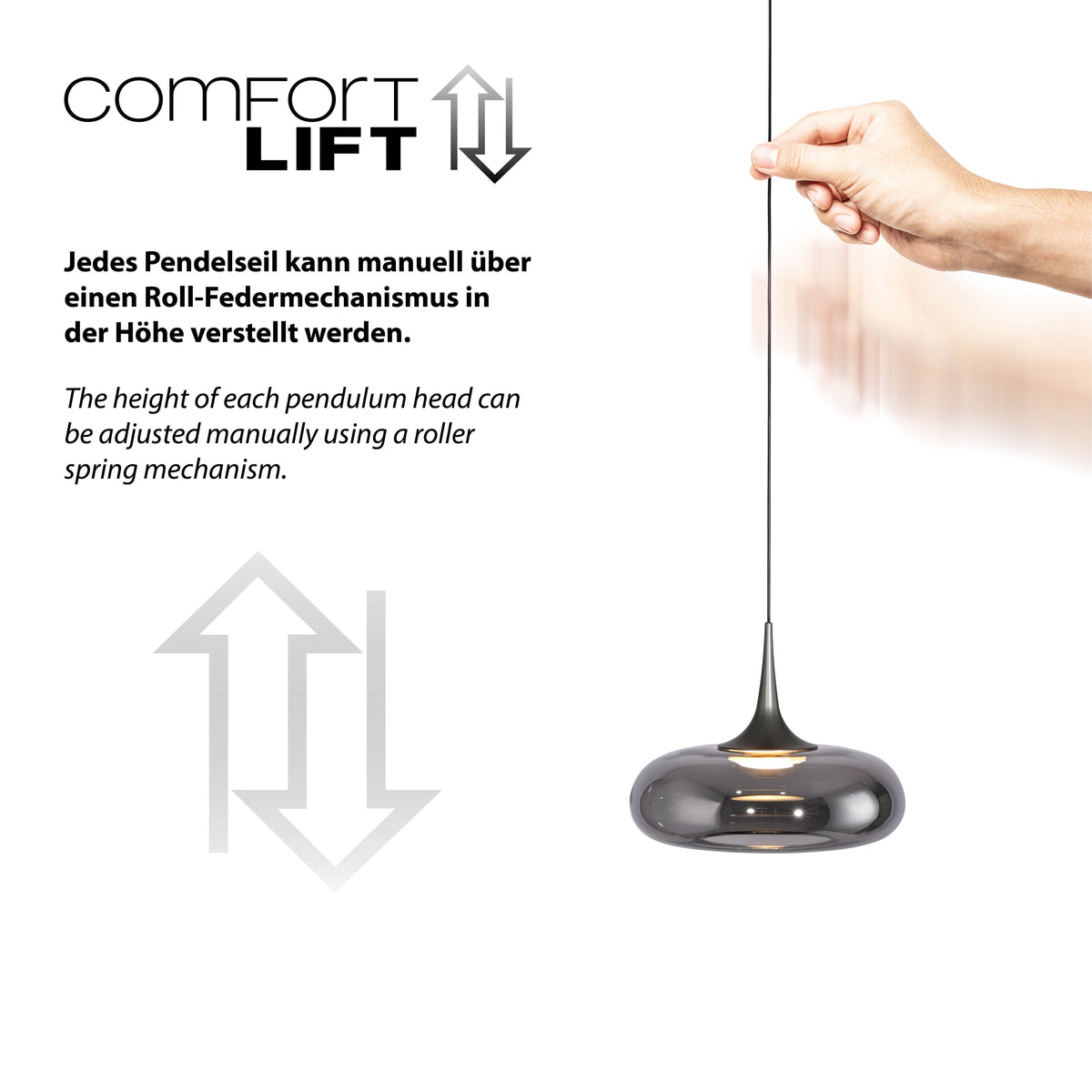 Détail du mécanisme Comfort Lift avec main réglant la hauteur du câble