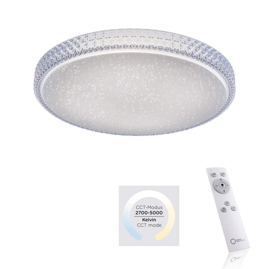 Plafonnier présenté avec sa télécommande et le schéma de température de couleur 2700-5000K