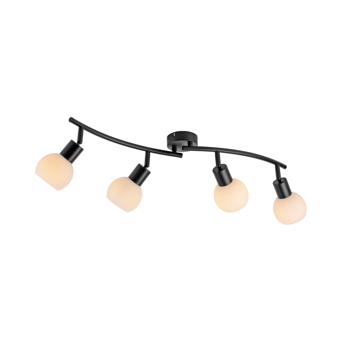 Vue produit sur fond blanc du plafonnier quatre lumières et sa structure métal noir