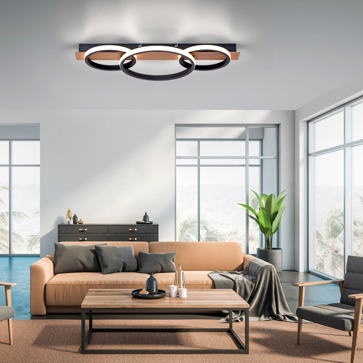 Mise en ambiance du luminaire allumé au plafond d'un salon moderne