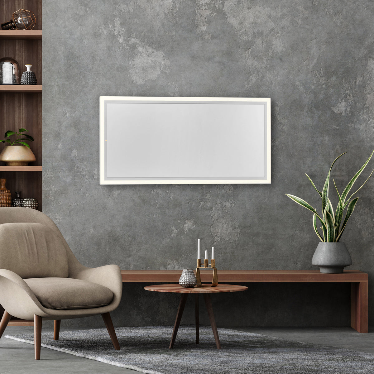 Mise en ambiance salon moderne, panneau blanc fixé au mur en béton gris au-dessus d'un banc.
